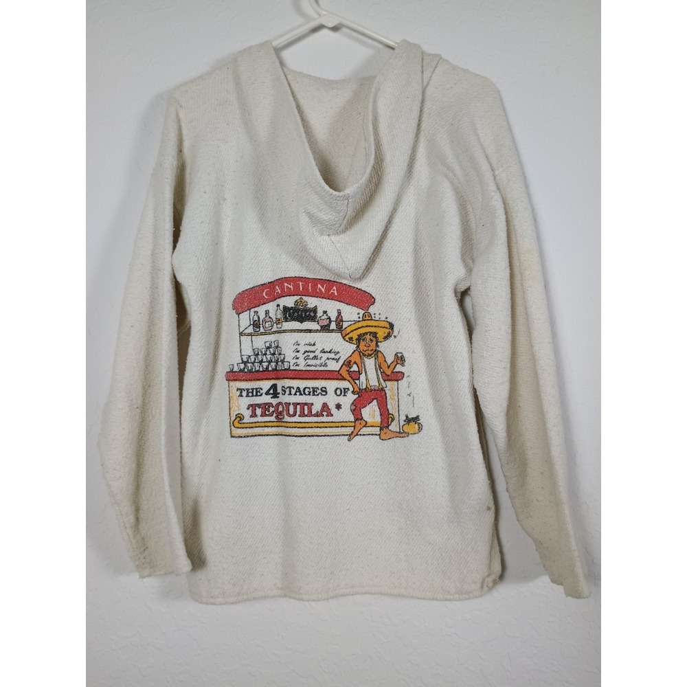 Vintage‎ Mexico Burlap Weave Hooded Poncho Sweater "4 Stages of Tequila" Bar...
